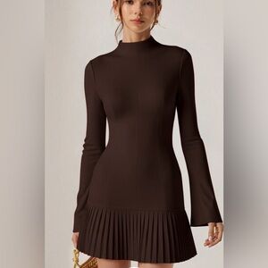 Elegant Brown Long-Sleeve Dress